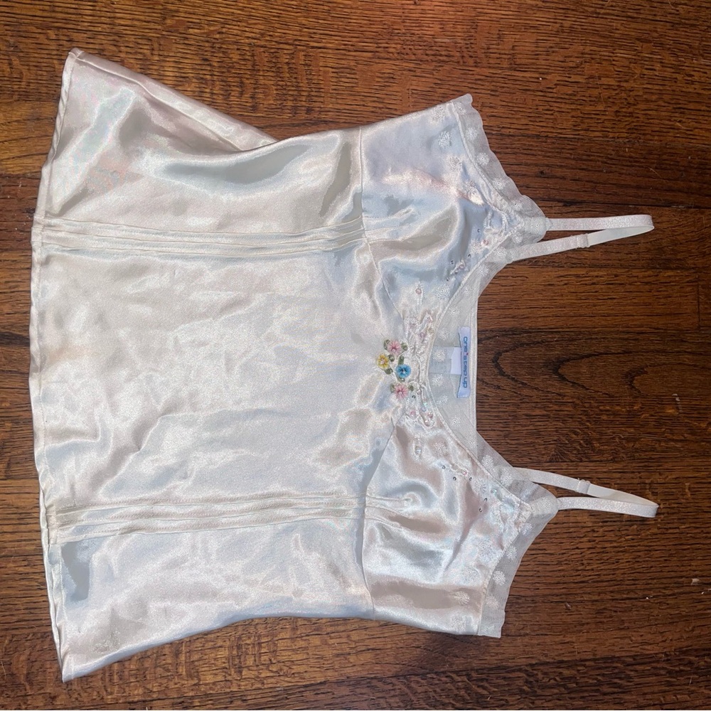 One Step Ahead White Satin Top with Floral Details